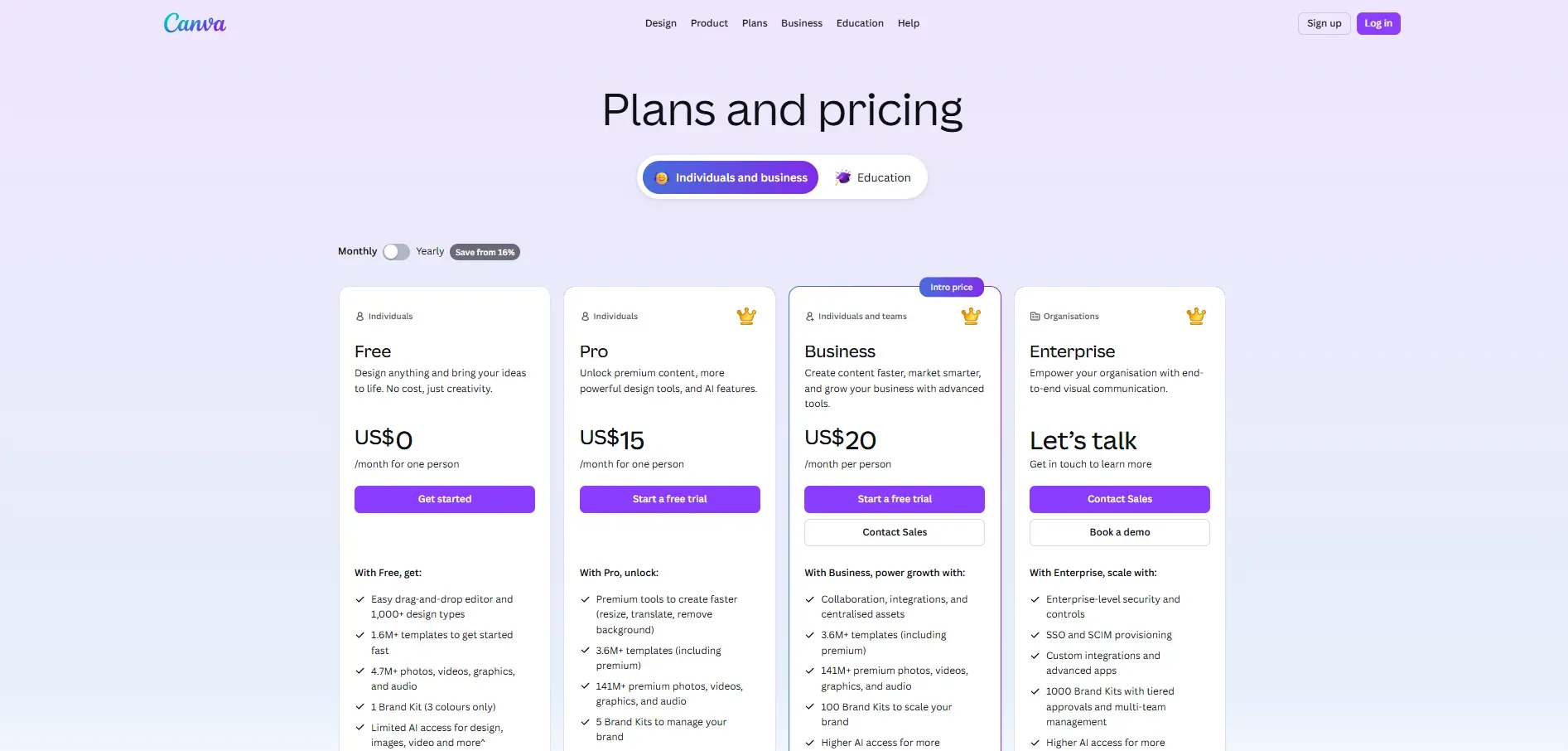 Canva pricing page showing Free, Pro, Business, and Enterprise plans.